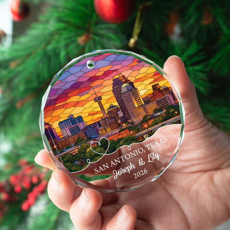 Personalized San Antonio Ornament, Custom Texas Keepsake, Christmas Gift for Couple, City Skyline Decor