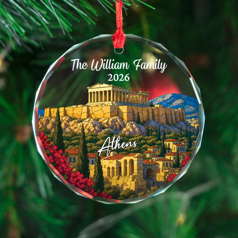 Personalized Athens Travel Ornament, The Parthenon Landmark Stained Glass Style Keepsake, Greece Trip Souvenir