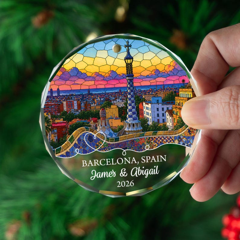 Personalized Barcelona Ornament, Custom Spain Keepsake Gift, Christmas Travel Memory Decor