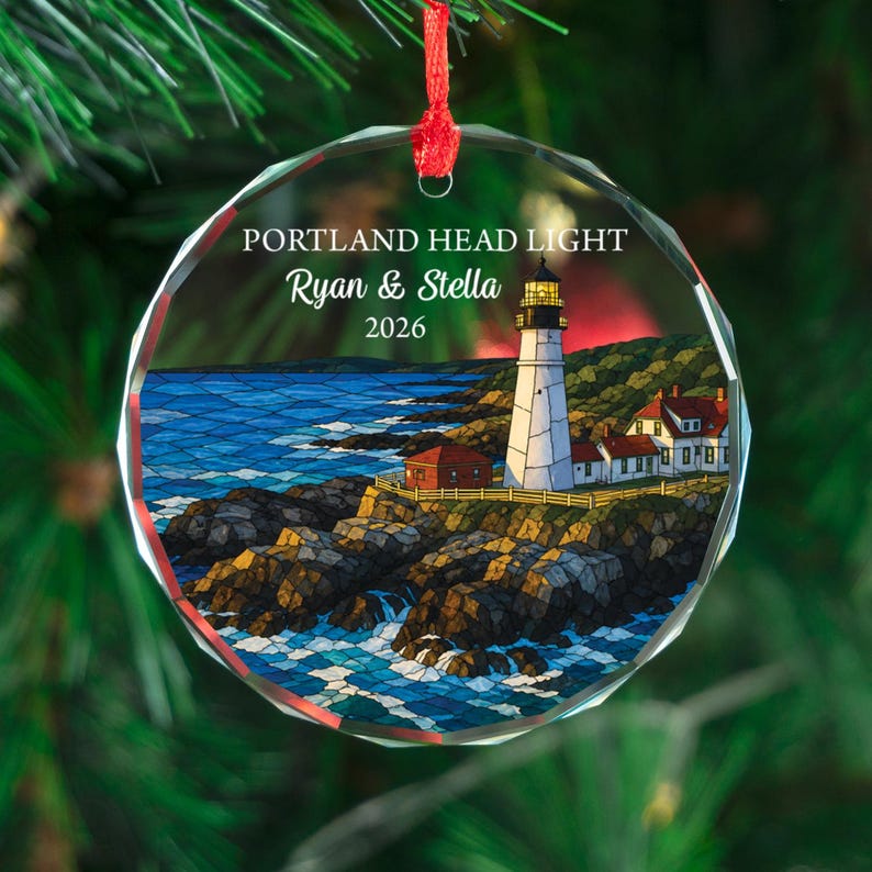 Personalized Portland Head Light Ornament, Custom Couple Maine Gift, Crystal Lighthouse Keepsake