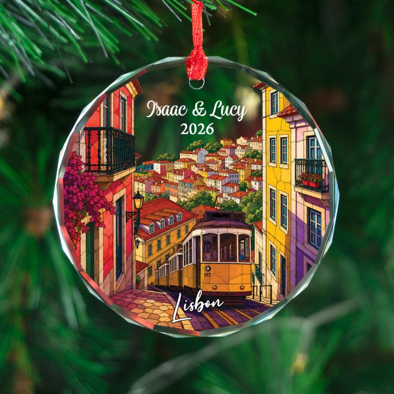 Personalized Lisbon Ornament, Custom Portugal Keepsake Gift, Christmas Travel Memory Decor