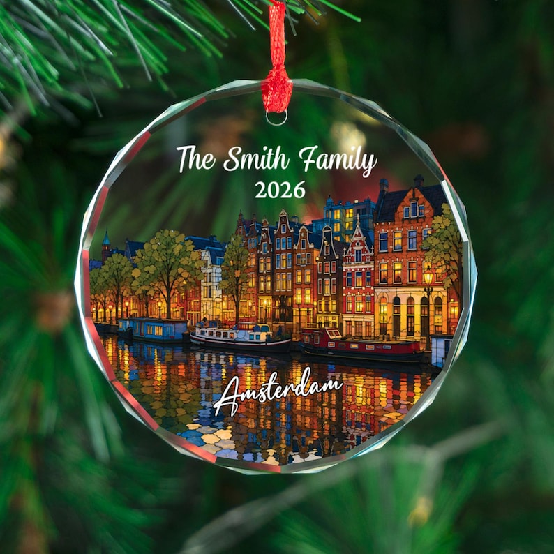 Personalized Amsterdam Scenery Ornament, Custom Netherlands Keepsake Gift, Amsterdam Canals Houses Christmas Decor