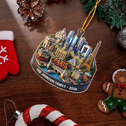 Personalized Paris Skyline Ornament, Custom Family Christmas Keepsake, Travel Memory Souvenir
