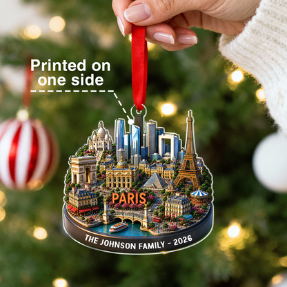 Personalized Paris Skyline Ornament, Custom Family Christmas Keepsake, Travel Memory Souvenir
