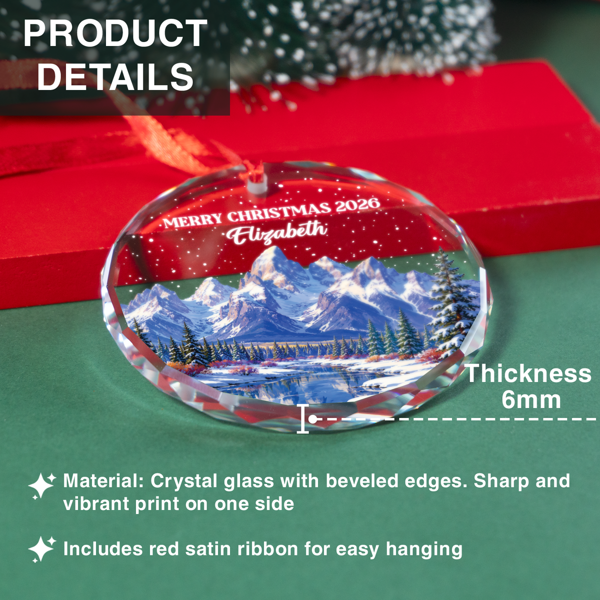 Personalized Winter Mountain Christmas Ornament 2026, Custom Name Crystal Glass Snowy Landscape Xmas Decor, Nature Lover Gift
