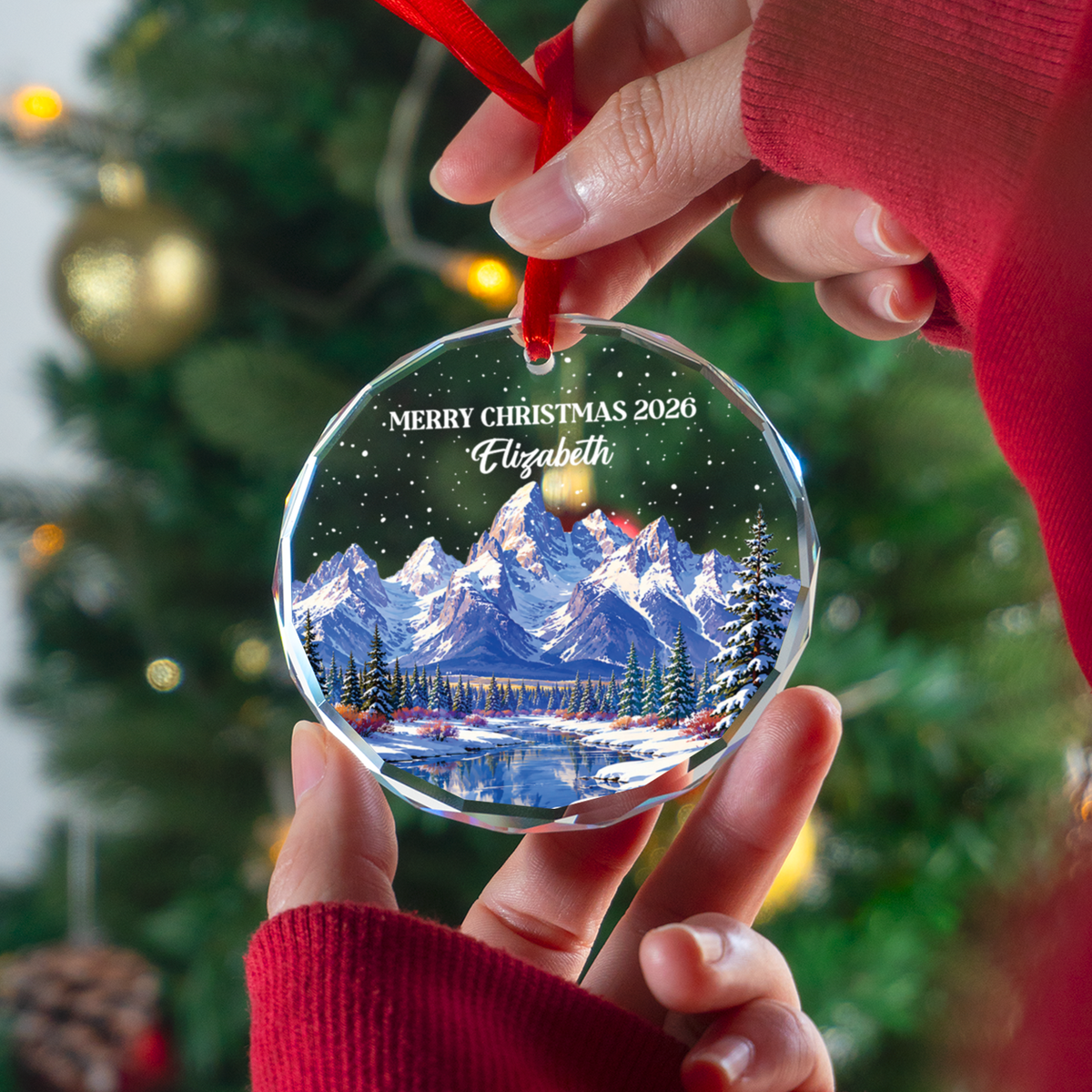 Personalized Winter Mountain Christmas Ornament 2026, Custom Name Crystal Glass Snowy Landscape Xmas Decor, Nature Lover Gift