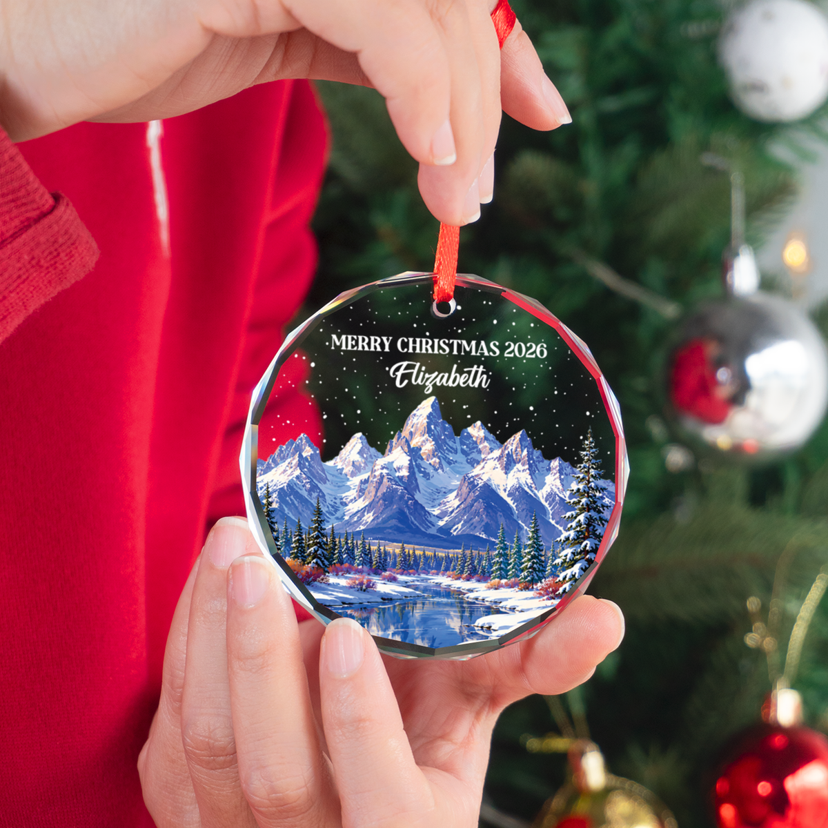 Personalized Winter Mountain Christmas Ornament 2026, Custom Name Crystal Glass Snowy Landscape Xmas Decor, Nature Lover Gift