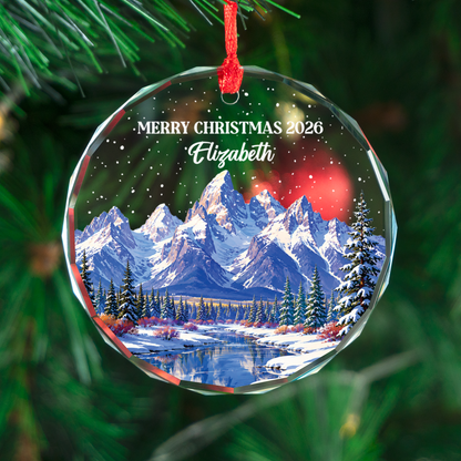Personalized Winter Mountain Christmas Ornament 2026, Custom Name Crystal Glass Snowy Landscape Xmas Decor, Nature Lover Gift