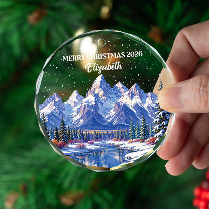 Personalized Winter Mountain Christmas Ornament 2026, Custom Name Crystal Glass Snowy Landscape Xmas Decor, Nature Lover Gift