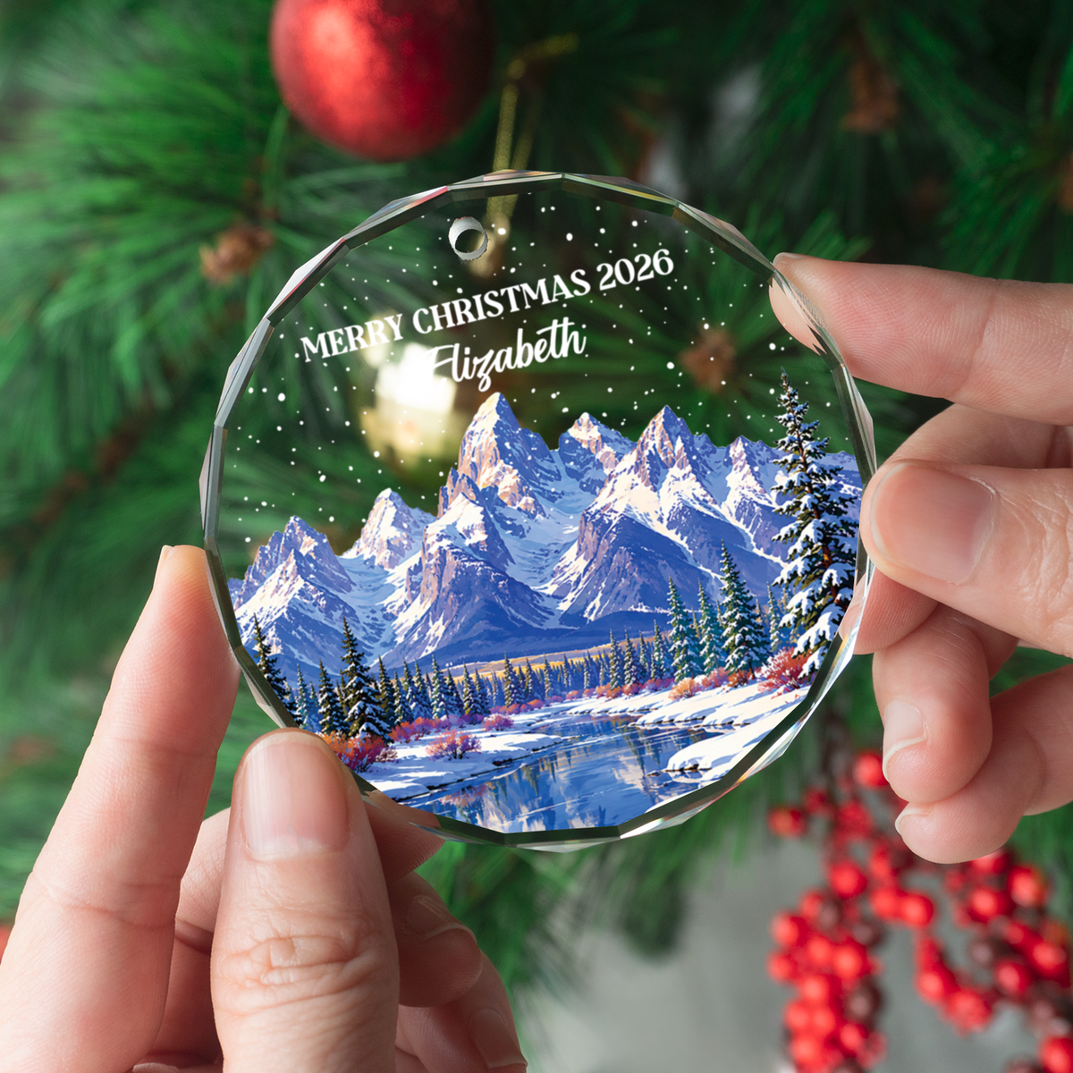 Personalized Winter Mountain Christmas Ornament 2026, Custom Name Crystal Glass Snowy Landscape Xmas Decor, Nature Lover Gift