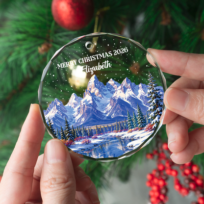 Personalized Winter Mountain Christmas Ornament 2026, Custom Name Crystal Glass Snowy Landscape Xmas Decor, Nature Lover Gift