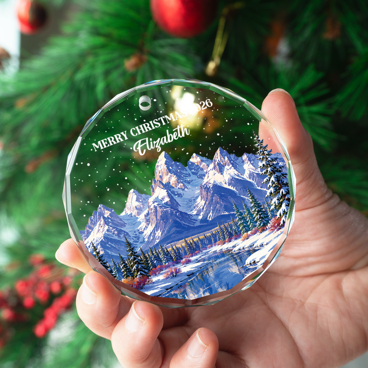 Personalized Winter Mountain Christmas Ornament 2026, Custom Name Crystal Glass Snowy Landscape Xmas Decor, Nature Lover Gift