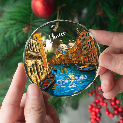 Personalized Venice Italy Ornament, Grand Canal Gondola Cityscape Keepsake, Italian Trip Memory Gift for Couples