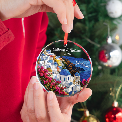 Personalized Santorini Ornament, Custom Greece Trip Keepsake Gift, Romantic Christmas Travel Memory Décor