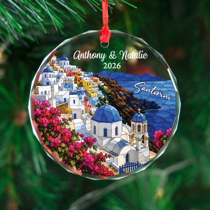 Personalized Santorini Ornament, Custom Greece Trip Keepsake Gift, Romantic Christmas Travel Memory Décor