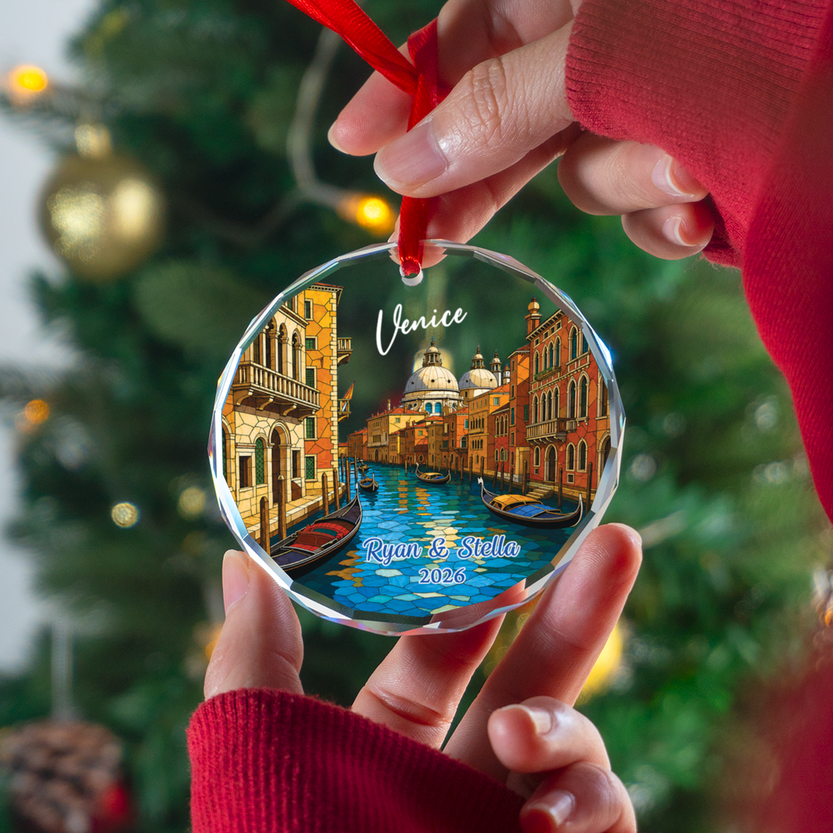 Personalized Venice Italy Ornament, Grand Canal Gondola Cityscape Keepsake, Italian Trip Memory Gift for Couples