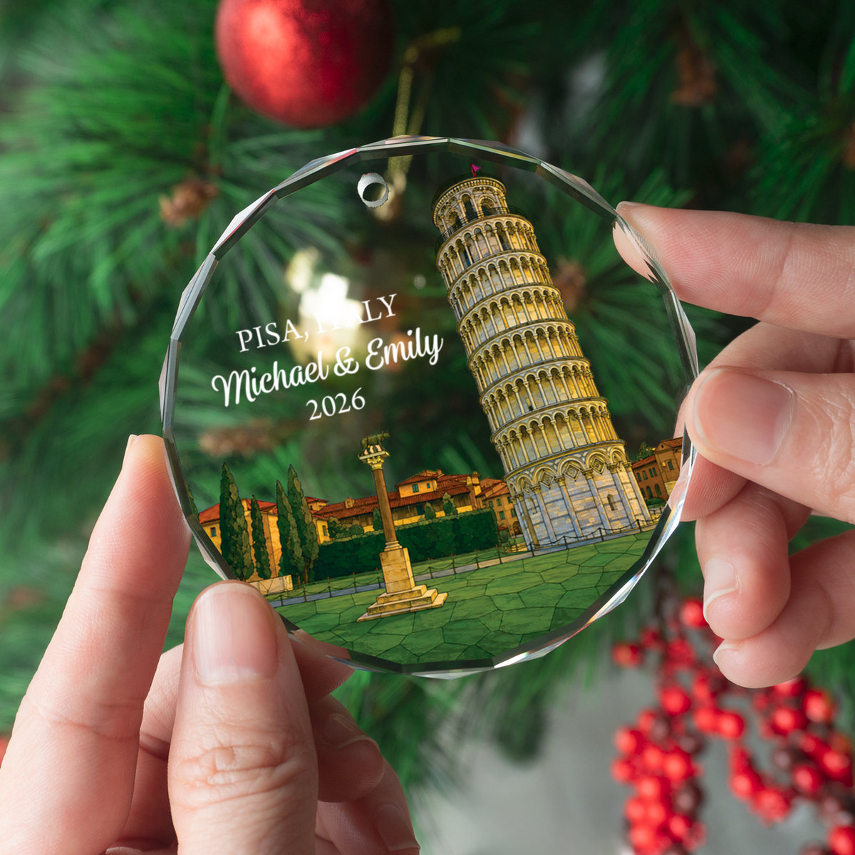 Personalized Pisa Italy Ornament, Custom Travel Keepsake Gift for Couple, Leaning Tower of Pisa Trip Souvenir