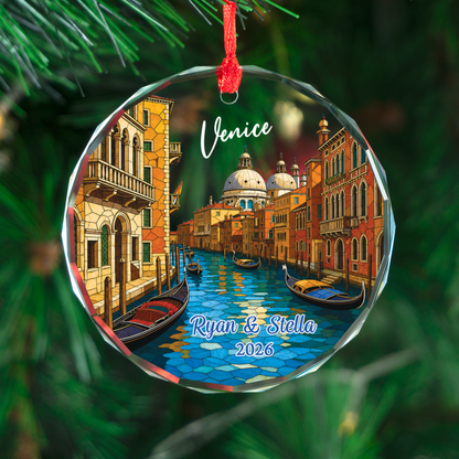Personalized Venice Italy Ornament, Grand Canal Gondola Cityscape Keepsake, Italian Trip Memory Gift for Couples