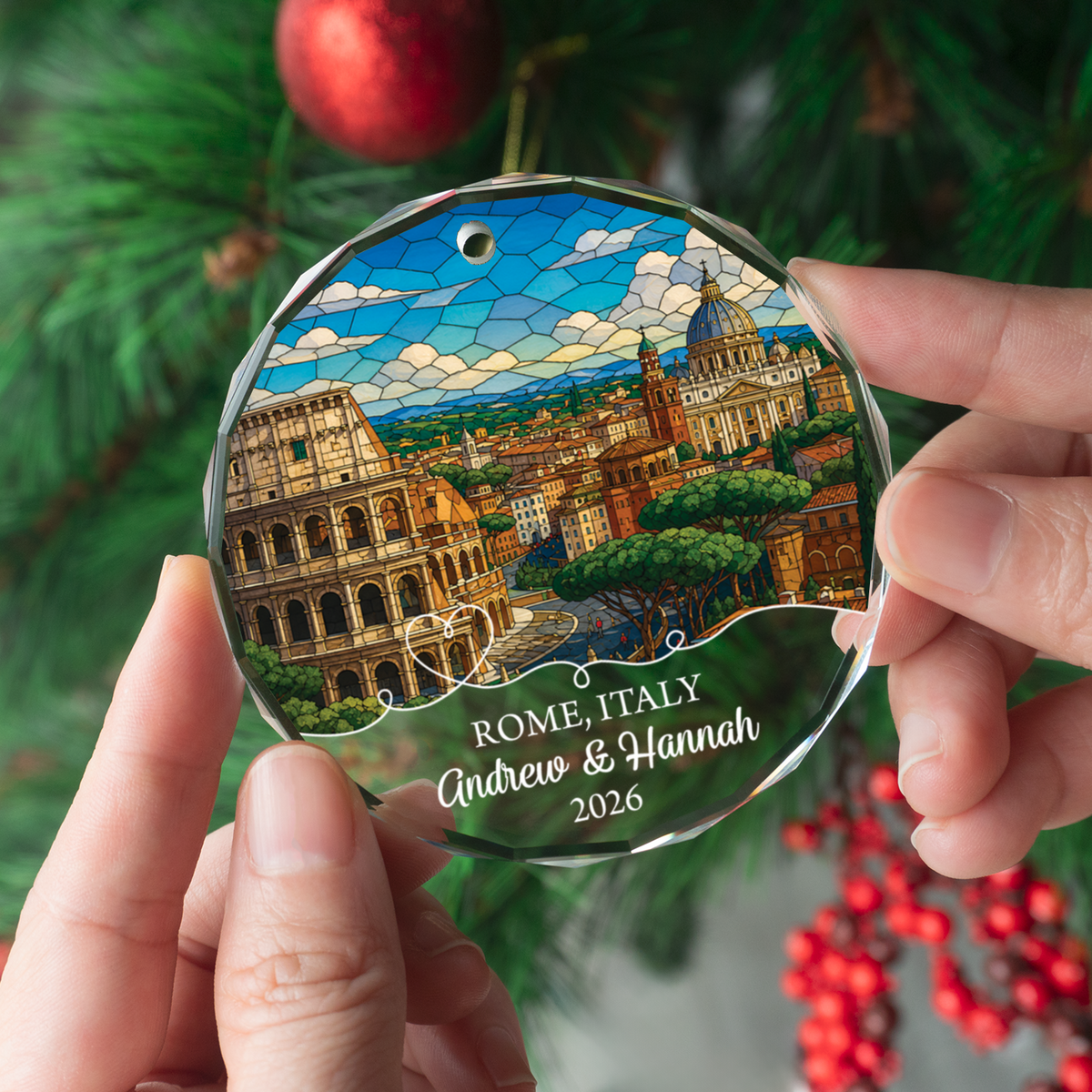 Personalized Rome Italy Ornament, Custom Rome Colosseum Travel Keepsake, Couples Vacation Memory, Italy Lover Ornament Decor