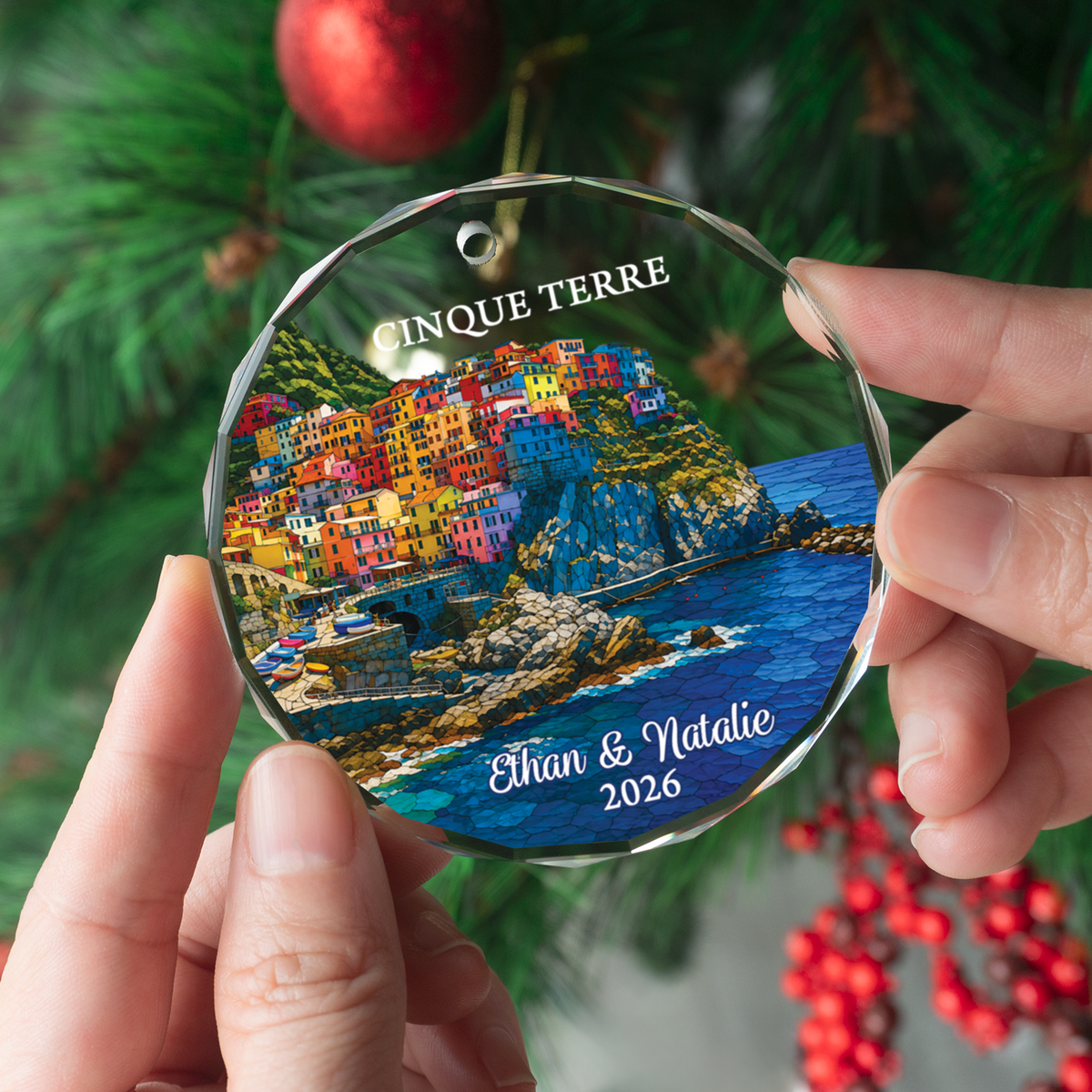 Personalized Cinque Terre Trip Ornament, Custom Italy Travel Keepsake, Vacation Memory Gift for Couple Family
