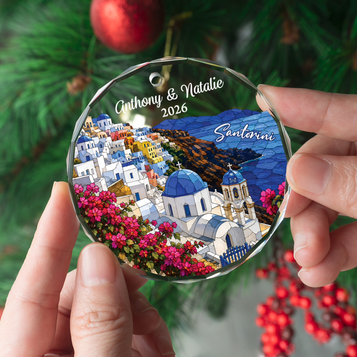 Personalized Santorini Ornament, Custom Greece Trip Keepsake Gift, Romantic Christmas Travel Memory Décor