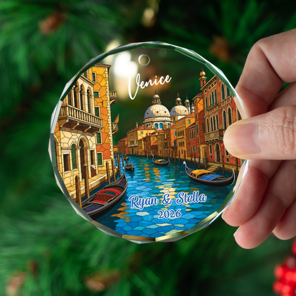 Personalized Venice Italy Ornament, Grand Canal Gondola Cityscape Keepsake, Italian Trip Memory Gift for Couples