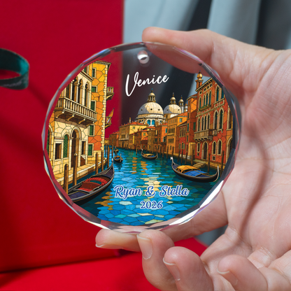 Personalized Venice Italy Ornament, Grand Canal Gondola Cityscape Keepsake, Italian Trip Memory Gift for Couples