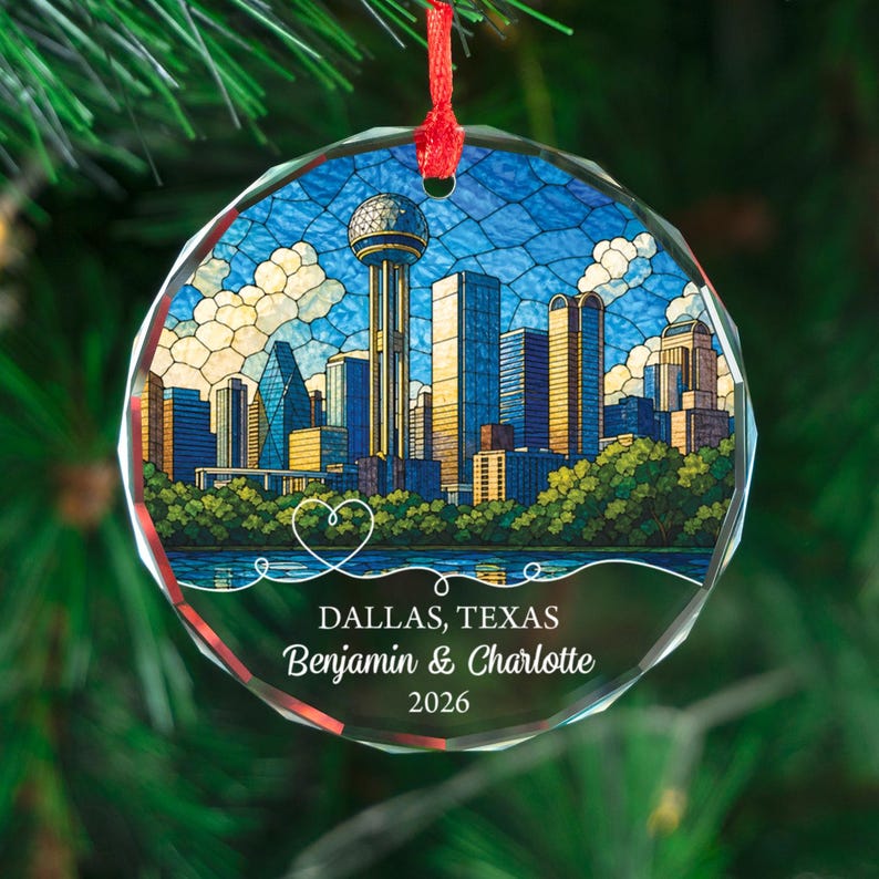 Personalized Dallas Texas Ornament, Custom Skyline Christmas Keepsake Gift, Couple Name Decor