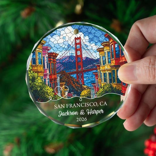 Personalized San Francisco Ornament, Golden Gate Bridge Couple Keepsake, Stained Glass Style City Decor