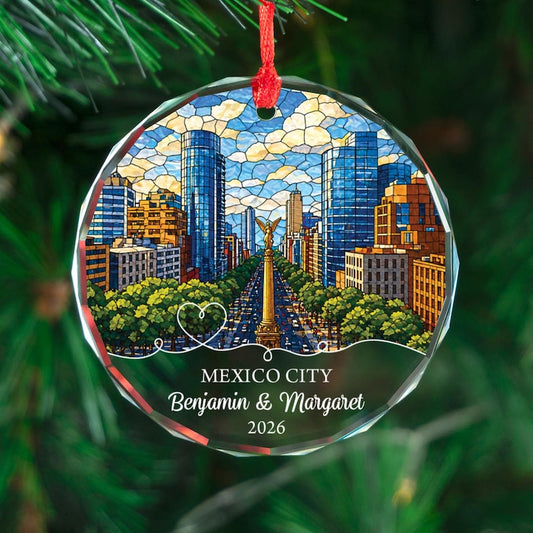 Personalized Mexico City Ornament, Angel Independence Skyline, Stained Glass Style Decor