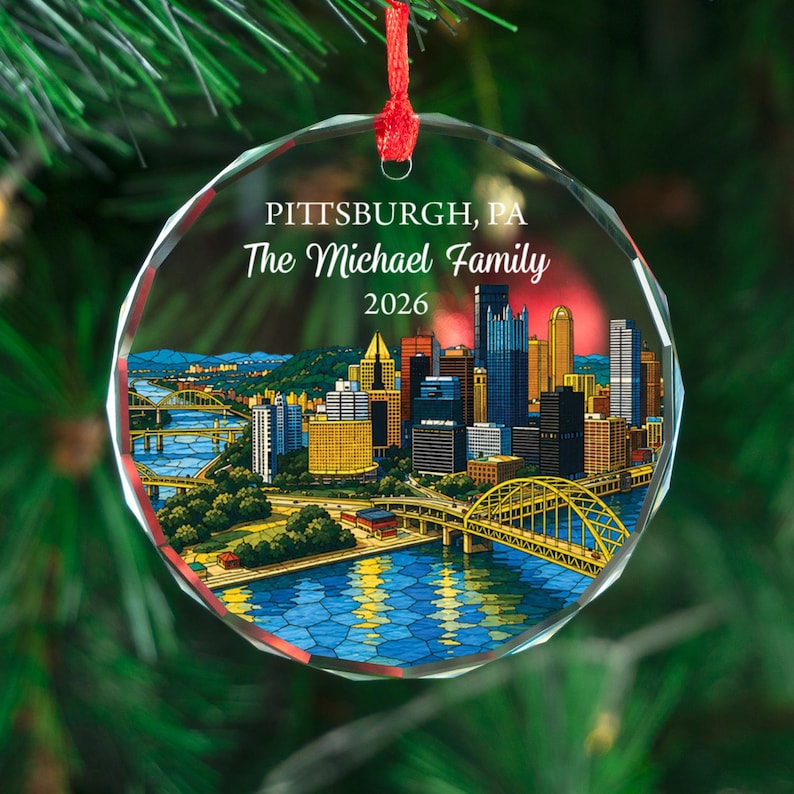Personalized Pittsburgh Pennsylvania Ornament, Custom Family Christmas Gift, City Skyline Keepsake