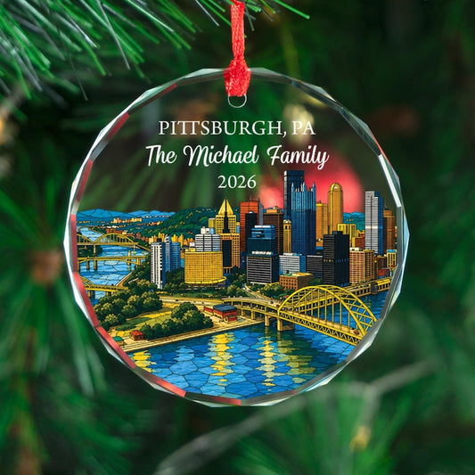 Personalized Pittsburgh Pennsylvania Ornament, Custom Family Christmas Gift, City Skyline Keepsake