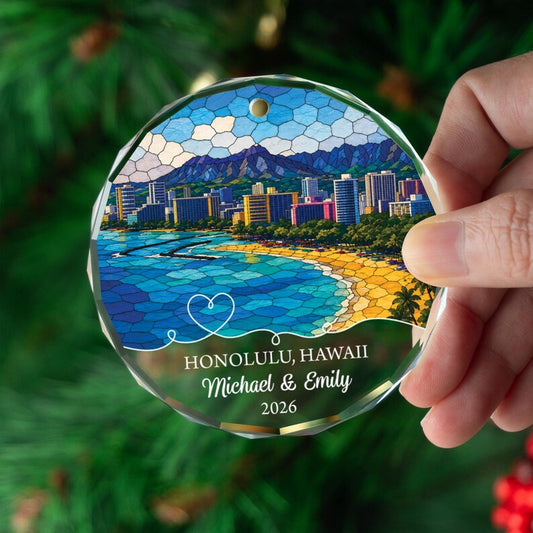 Personalized Honolulu Ornament, Custom Hawaii Christmas Gift, Tropical Beach Keepsake
