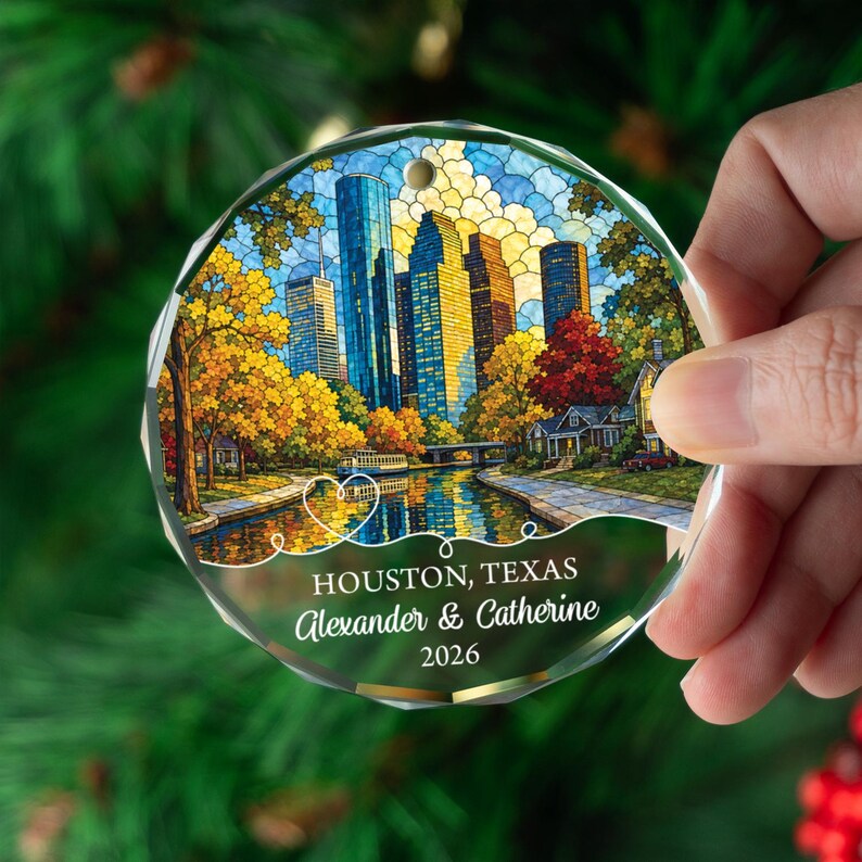 Personalized Houston Ornament, Custom Skyline Christmas Keepsake Gift, Couple Name Year Decor