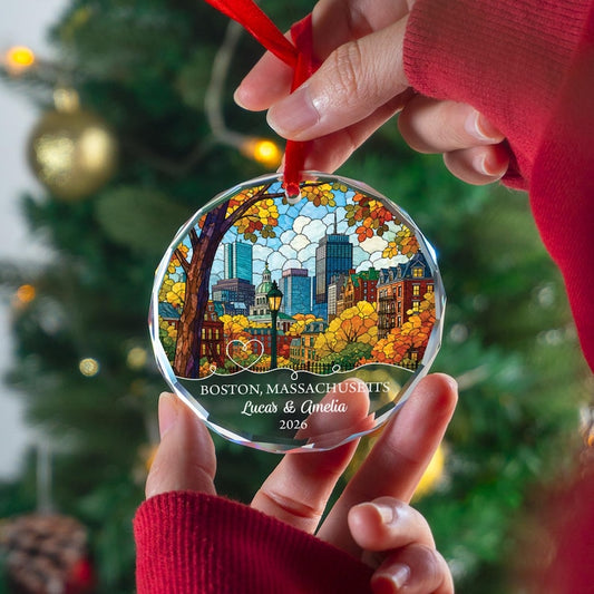 Personalized Boston Ornament, Custom City Christmas Keepsake Gift, Couple Name Year Decor