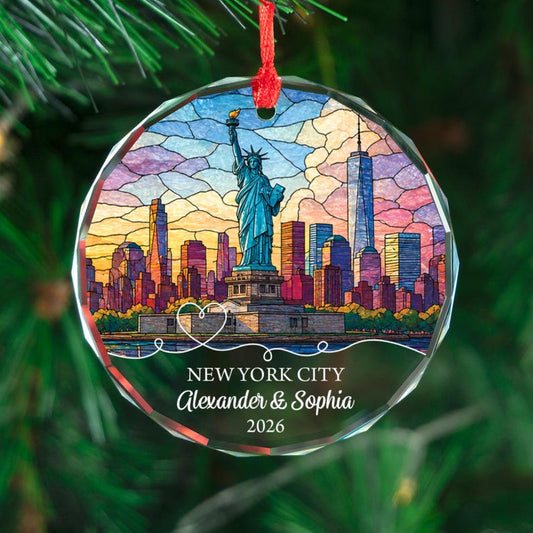 Personalized New York City Stained Glass Ornament, Custom Couple Name Christmas Keepsake, NYC Skyline Travel Gift, 2026 Holiday Decor