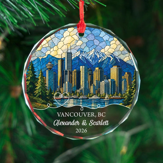 Personalized Vancouver Glass Ornament, BC Skyline Mountain View Keepsake, Coastal City Travel Christmas Memory
