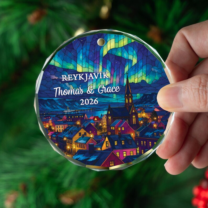 Personalized Reykjavik Ornament, Custom Iceland Keepsake, Northern Lights Christmas Gift, Holiday Travel Decor