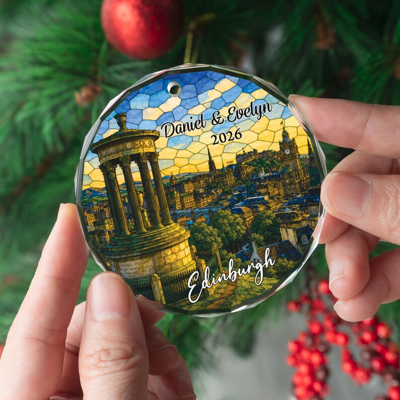 Personalized Edinburgh Ornament, Custom Scotland Keepsake Gift, Christmas Travel Memory Decor
