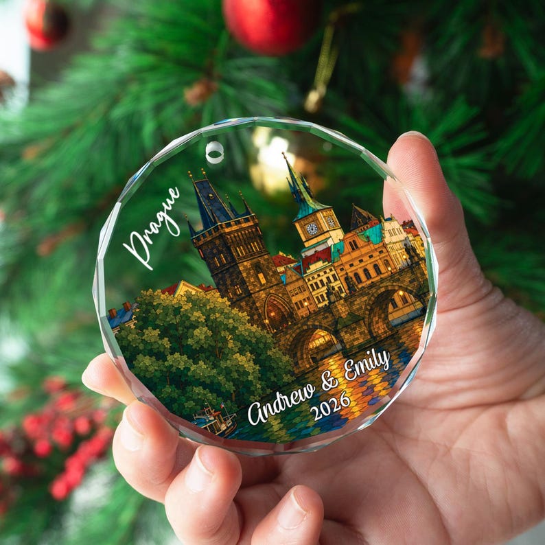 Personalized Prague Ornament, Charles Bridge View Keepsake, Custom Czech Republic Travel Gift, Family Vacation Souvenir