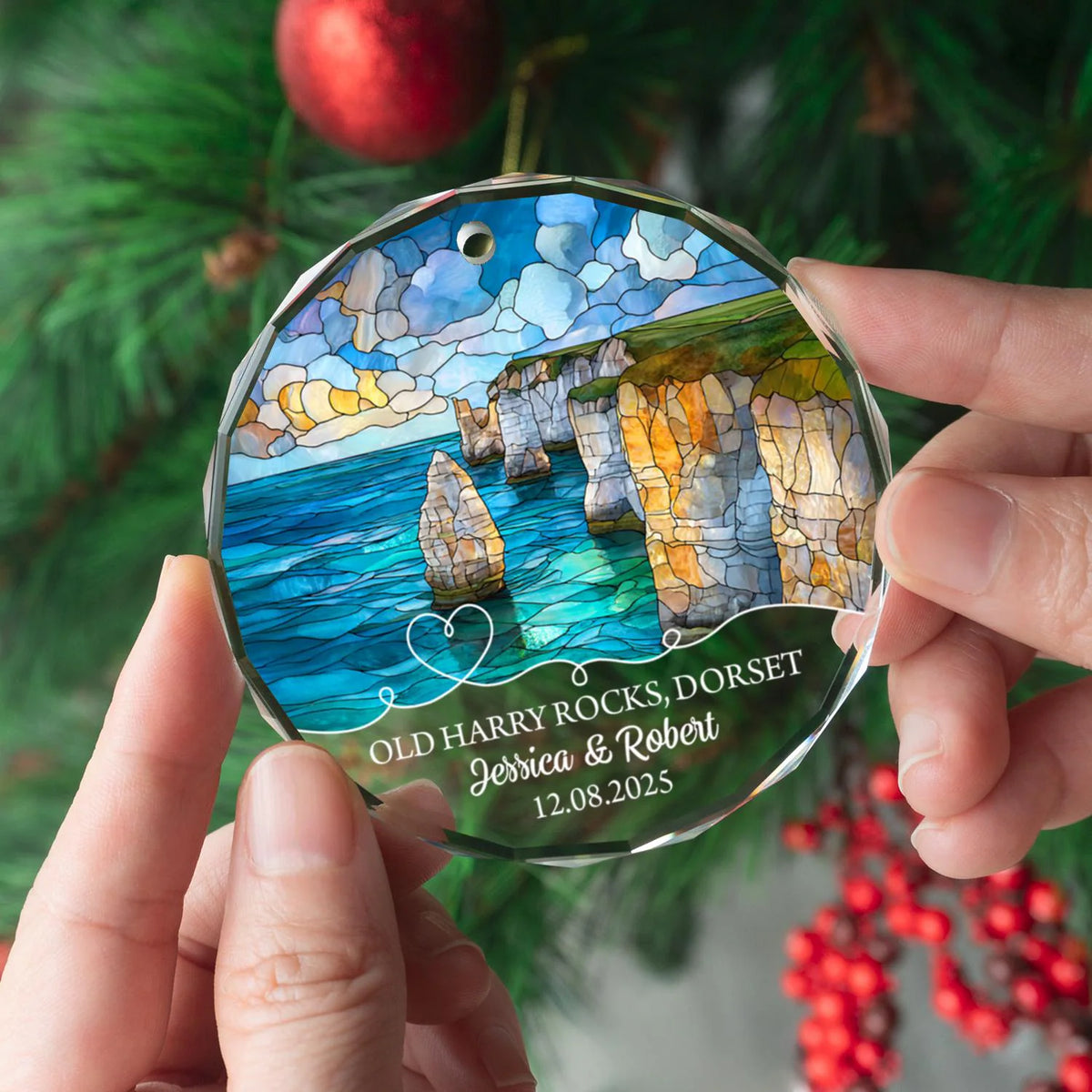 Personalized Old Harry Rocks Glass Ornament, Custom Dorset Coastal Christmas Decoration