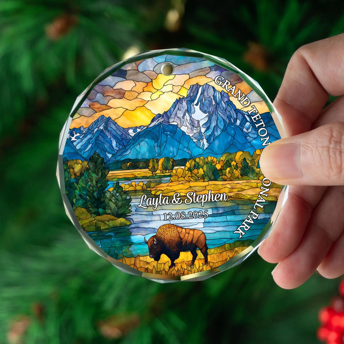 Personalized Grand Teton National Park Glass Ornament, Custom Travel Gift, Nature Adventure Ornament
